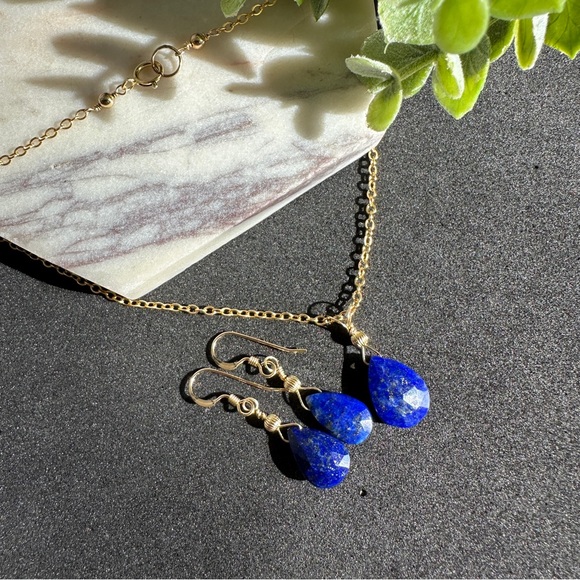 Lapis Lazuli Necklace Earrings Set 14k Gold Filled - Picture 9 of 12